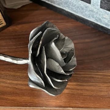 A forged steel rose on a bookshelf